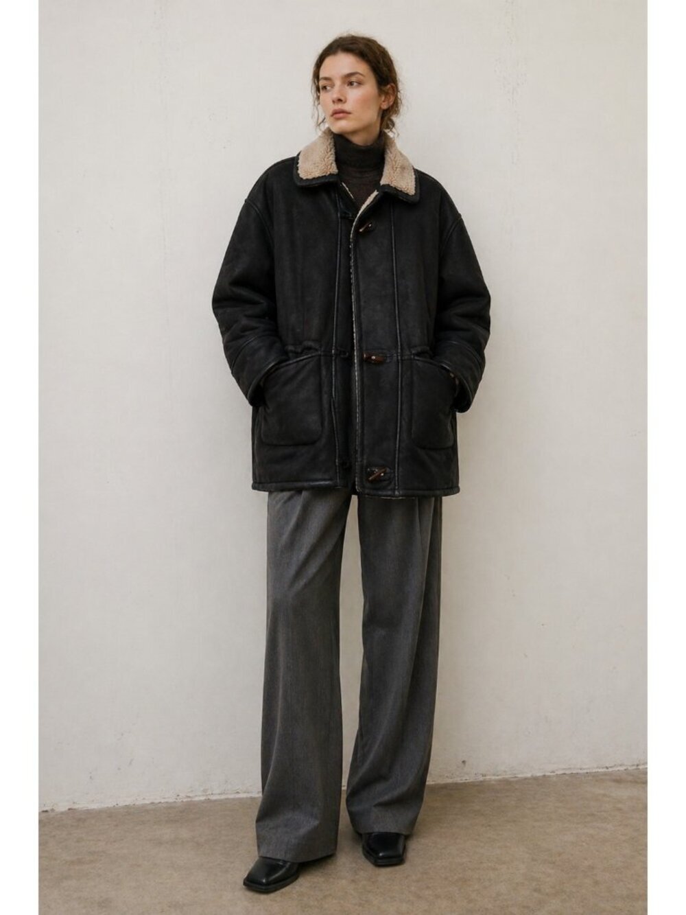 Vintage Suede Shearling Jacket Unisex L Black Sheepskin Coat MADISKIN